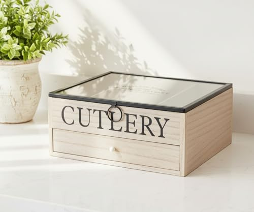Maison Des Cadeaux Vintage Wooden 5 Compartment Open Lid Cutlery Utensil Organiser Rack Holder