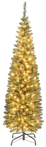 COSTWAY 5FT/6FT Pre-Lit Artificial Christmas Tree, Slim Pencil Xmas Tree with 320/420 Branch Tips, 150/180 Warm-White LED Lights and Foldable Metal Stand, Indoor Festive Holiday Party Decor(5FT)