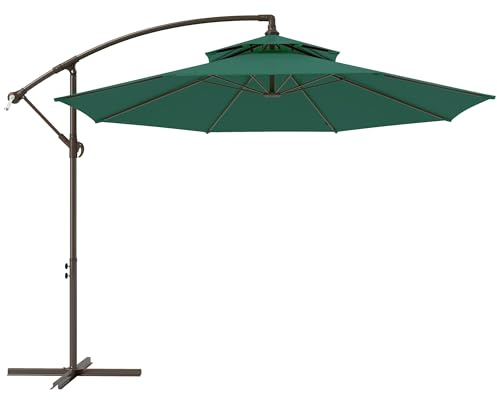 Outsunny 2.7m Garden Banana Parasol Cantilever Umbrella with Crank Handle, Double Tier Canopy and Cross Base for Outdoor, Hanging Sun Shade, Green
