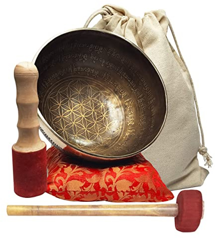 CRAFTSTRIBE Grand bol chantant tibétain martelé à la main avec millet et coussin en soie 30,5 cm