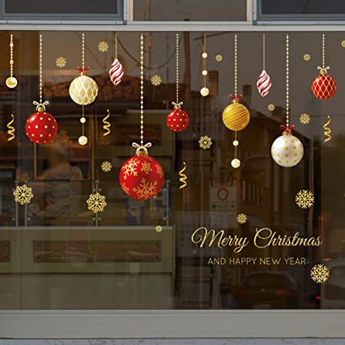 Adesivi per Finestre di Natale, Adesivi Decorativi per Pareti, Vetrine di Negozio, Ornamenti Natalizi in Oro, Adesivi per Finestre in Vetro con Sfere Colorate