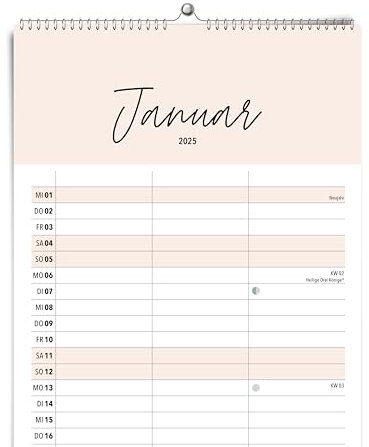 heaven+paper Familienplaner Boho – 3 Spalten Kalender 2025 (Familie & Pärchen) Wandkalender 2025 für zwei in Pastell Farben – Paarkalender Made in Germany – schicker Wandplaner (42x21cm) große Spalten