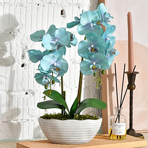 YSZL Künstliche Topforchidee, groß, Seidenblumenarrangement mit Keramikvase, Goldblau