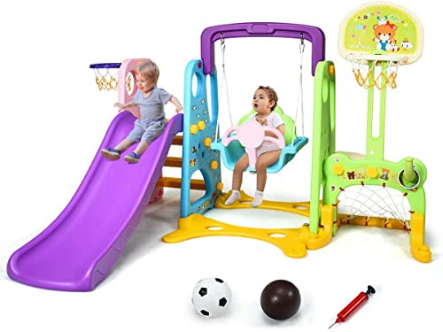 COSTWAY 6 en 1 Parque Infantil con Tobogán,Columpio y Canasta Baloncesto Centro de Juegos para Niños para Jardín Hogar Exterior Interior