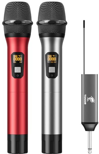 TONOR Drahtloses Mikrofon, UHF Dual Kabelloses Metall Dynamisches Mikro System mit wiederaufladbarem Empfänger, für Karaoke, Hochzeit, DJ, Party, Rede, Kirche, Klassen, 60m (TW630), Silber & Rot