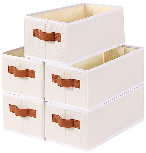 YheenLf Caja de Almacenaje, Juego de 5 Plegable Cestas de Almacenamiento Para Ser Utilizadas en La Cocina, Baño, Cubos Organizadoras en Beige, 38×15.5×13 cm