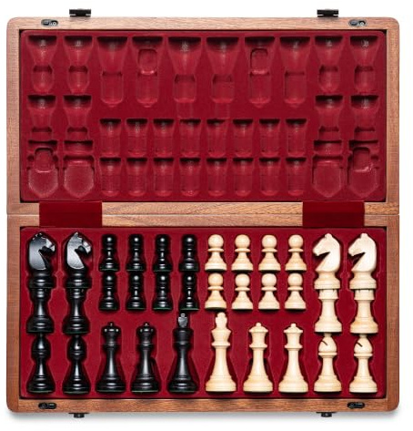 A&A Premium Fällbart Schackset i Naturlig Mahogny, med 38 cm Bräde & 7,6 cm Kungshöjd Staunton Schackpjäser, Inkluderar 2 Extra Dronningar och en Förvaringsväska