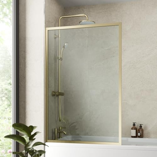 Luxura® 1400 x 800mm Brushed Brass Over Bath Shower Screen Fixed Door Glass Panels & Screens for Baths, Bathroom Framed Square Design, 6mm Toughened Safety Glass
