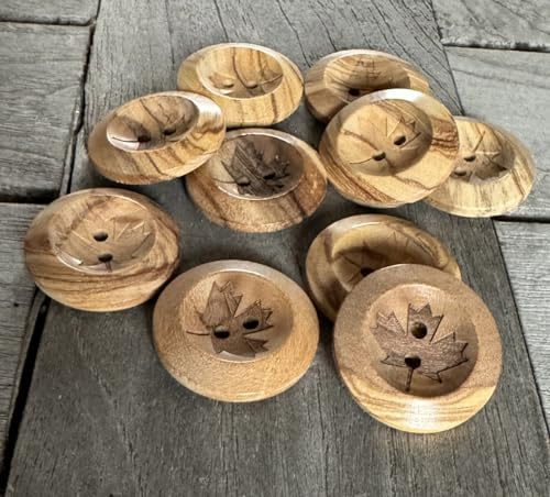 Lot de 10 boutons en bois à 2 trous 15 mm, 20 mm ou 25 mm en bois d'olivier véritable avec motif feuille d'érable naturel (20 mm)