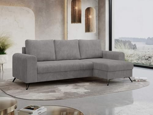 MKS MEBLE Ecksofa - L-Form Sofa mit Schlaffunktion - Wohnlandschaft L Form, Ecksofa mit Schlaffunktion und Bettkasten, Schlafsofa mit Bettkasten, Couch mit Schlaffunktion - Hellgrau Cord - Hugo