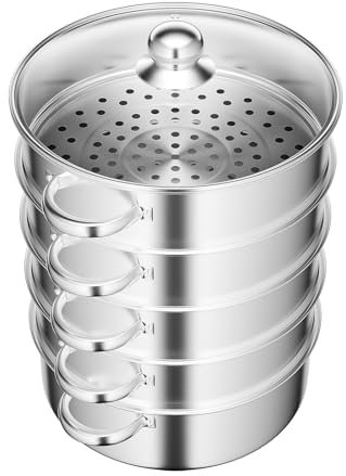 Froulaland Cuiseur vapeur, 30 à 26 cm, en acier inoxydable, avec couvercle en verre, 3/5 couches, avec couvercle en verre, pour tous les types de cuisinières, 28 cm