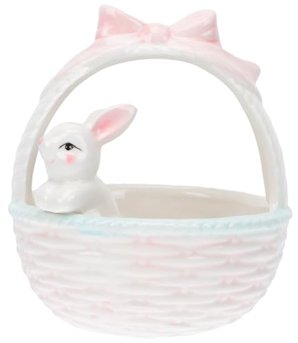 Ciieeo Easter Candy Dish with Rabbit Doll Ceramic Fruit Bowl Porcelain Bunny in Basket Statue Dessert Serving Bowls Decorative Egg Holder Flower Pot for Easter Party Favor