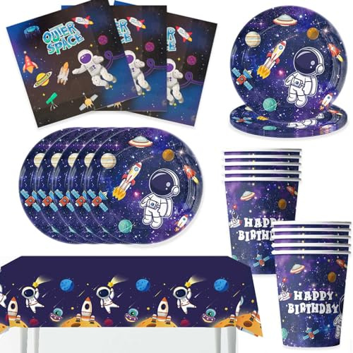 Bikasun Weltraum Kindergeburtstag Party Set Teller Astronauten Geschirr | Becher Servietten Tischdecke in Raketenform Weltraum Deko PapptellerKindergeburtstag Junge 10 Gäste