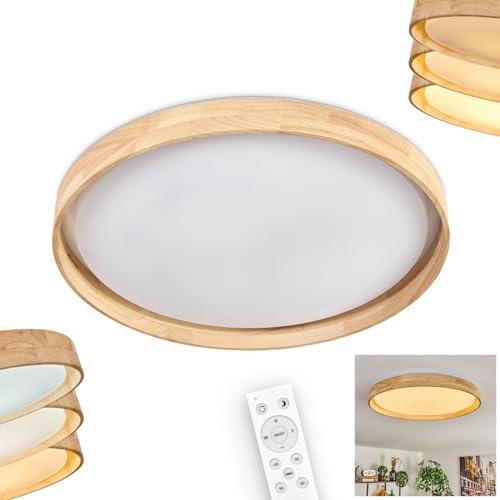 HOFSTEIN LED Deckenleuchte Tabernas, dimmbare Deckenleuchte aus Holz/Metall/Kunststoff in Natur/Weiß, Ø 50 cm, Fernbedienung, CCT 2700-6500 Kelvin, 3800 Lumen, 18 Watt, auch für Badezimmer, IP44