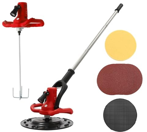 Concrete Trowel with Mixing Rod, Concrete Mixer, 80-200RPM Wall Smoothing Polishing Machine with Extension Rod Electric Plaster Mortar Cement Putty Trowel 1680W (Red)