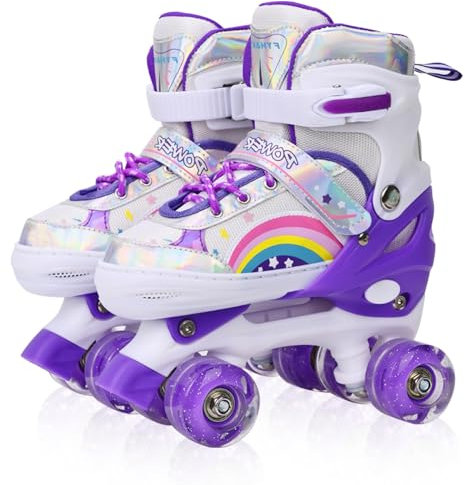 LOKJIJI Rollschuhe für Kinder Mädchen Anfänger Rainbow, Einstellbar 4 Größen für Kinder und Jugend, Violett Regenbogen Rollschuhe für Sport (Violett Regenbogen, M)
