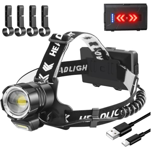NAKCNM Stirnlampe LED Wiederaufladbar mit COB Licht, 15000 Lumen Kopflampe Stirnlampe Aufladbar mit Rücklicht, 4 Lichtmodi, Zoombar, Wasserdicht, Headlamp für Angeln Wandern Joggen Camping Abenteuer