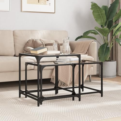 Baziroo Satztische 2 STK. mit Glasplatte 50x50x50 cm Kaffeetisch Satztisch Sofatisch Beistelltisch Wohnzimmermöbel Wohnzimmertisch Couchtisch Glastisch Holzwerkstoffe&Stahl&Glas Transparentes Glas