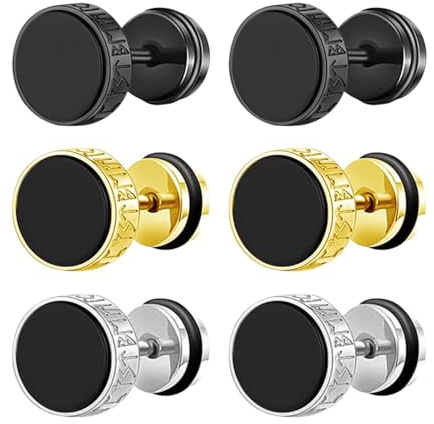 Flongo Pendientes Hombre Vikingos Falso: Aretes Brújula Nórdica Rune Fake Plug Stud Acero Inoxidable - Regalo Hombre Mujer Navidad 3 Pares Negro Oro Plata Estilo 2