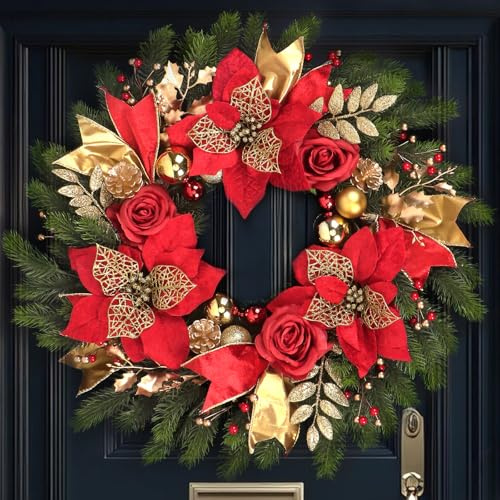 Weihnachtskränze für Haustür, Winterkränze für Innen- und Außenbereich, Weihnachts-Türkranz mit roten Weihnachtsblumen und Goldener Kugel, Tannenzapfen, Blätter für Weihnachtsdekoration