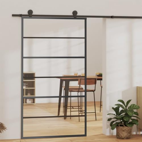 Schiebetür ESG Glas Tür Schiebetürbeschlag Schiebetürsystem Glasschiebetür Glastür Zimmertür Innentür mit Aluminiumrahmen, 102x205 cm Schwarz