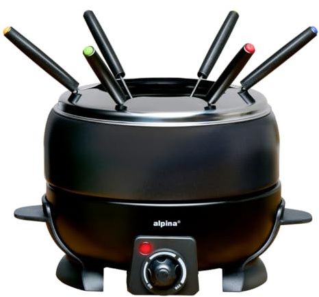 alpina Appareil á Fondue électrique 800W – Caquelon de 2L pour 6 Personnes - Convient pour Fondue au Fromage et Chocolat – Incl. Fourchettes à Fondue – Température Réglable – Acier Inoxydable
