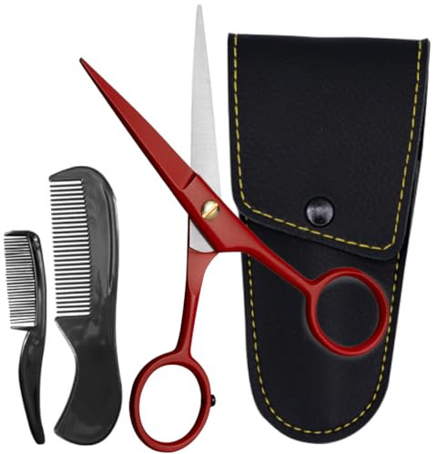 Ontaki 5 Forbici professionali tedesche per barba e baffi con 2 pettini e custodia da trasporto per uomo - Lama smussata per una maggiore precisione (Rosse)