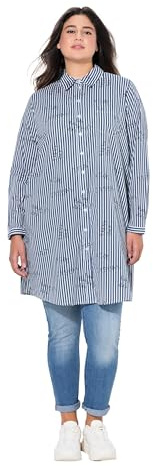 Ulla popken damer stora storlekar överdimensionerade plus size långblus, ränder, typsnitt mönster, skjortkrage, långärmad 834679, Bläckblå, 46-48