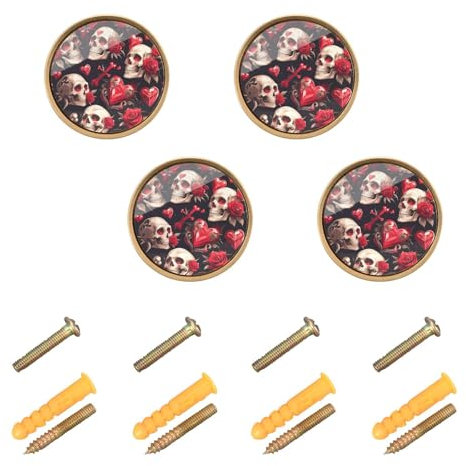EtherSpher Schrankknauf, personalisierbar, Motiv: Rote Rose, Totenkopf, dekorativer Knauf, 32 mm, goldfarben, für Schlafzimmer, 4 Stück