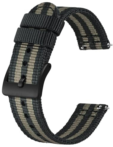 BISONSTRAP Klockarmband i nylon, tvådelade militära klockremmar, snabb frigöring, borstat spänne, 22 mm, svart + grå (svart spänne)