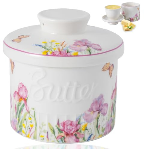 Mantequillera Francesa,Mantequera De Cerámica, Mantequillero Cerámica Para Mantequilla Fresca Y Untable, Mantequillera Para Regalo De Cumpleaños/Navidad/Día De La Madre (Tulipán y Mariposa, 6.7oz)