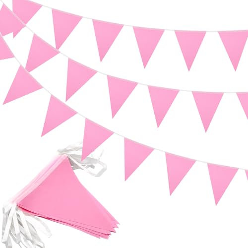 20m 52pcs Bright Pink Bunting, Waterproof Fabric Bunting for Outdoor Garden Indoor Mother's Day Baby Shower Birthday Decoration