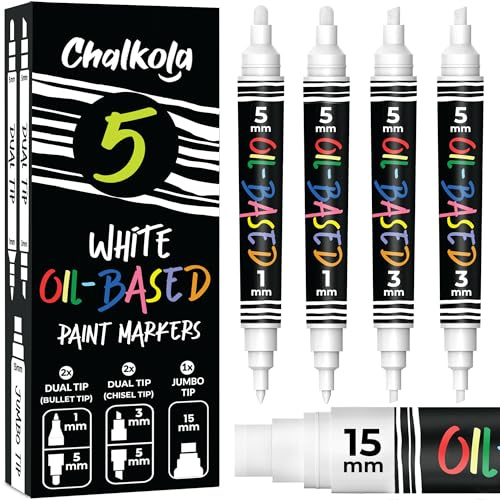 Chalkola 5 Oil White Paint Pen (4 Dual Tip, 15mm Jumbo) - Oil Based Paint Markers for Metal, Fabric, Glass, Rocks, Automotive Tire, Furniture Touch Up Wood & Plastic Surfaces - Waterproof & Permanent