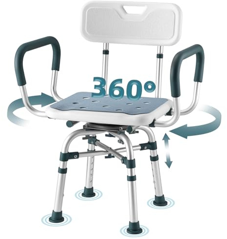 Swivel Shower Chair with Arms and Back, 500 lbs Heavy Duty Shower Stool for Inside Shower Stall and Bathtub, Height Adjustable Rotating Shower Chair & Seat for Elderly, Adults, Handicap and Disabled