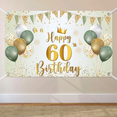 60. Geburtstag Banner, Banner 60 Geburtstag Frau Grün Gold, 180x110cm | Extra Große 60 Hintergrund Banners, Geburtstagsbanner 60. für Frauen Männer Party Geburtstagsdeko