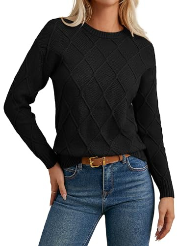 GRACE KARIN Ladies Long Sleeve Jumpers Diamond Pattern Sweater Crew Neck Casual Knit Top Autumn Black S