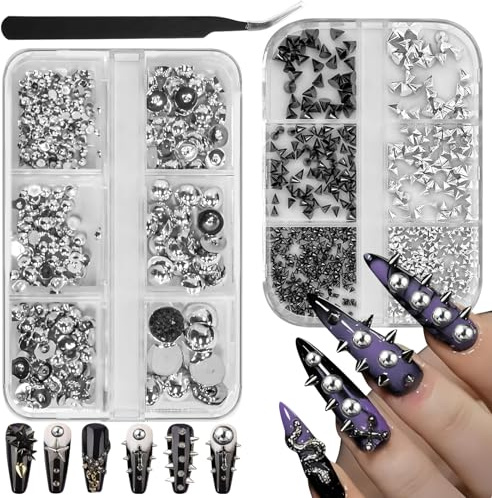 2 cajas de adornos de uñas punk de metal 3D de varios tamaños, conos, pinchos, remaches, joyería punk, adornos de manicura, bolas de acero con pinzas, accesorios para manualidades y decoraciones.