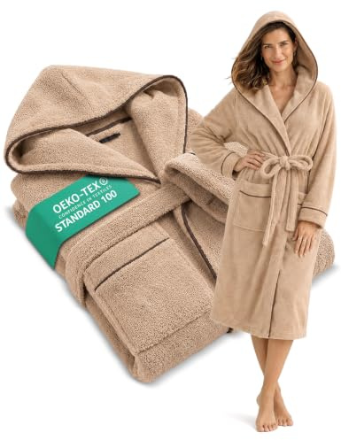 ELEVAVIDA Bademantel Damen mit Kapuze aus kuscheliger Baumwolle - extra weich und bequem - Frottee Sauna Bademantel lang - OEKO-TEX zertifiziert
