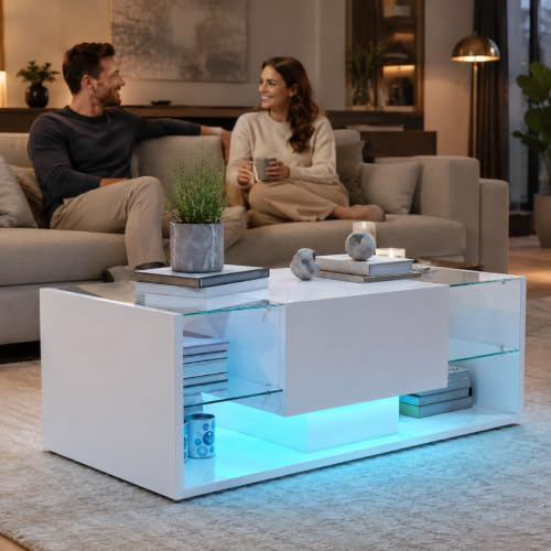 Table Basse Rectangulaire, Table Basse brillante avec Bande Lumineuse LED Suspendue, Tables de Salon Moderne avec Rangement, Table Basses avec Etagère Ouverte et Tiroirs 100x50x35 cm (Blanc-C)