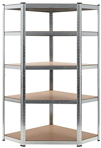 Mokuyary Eckregal mit 5 Böden Silbern Stahl & Holzwerkstoff Schwerlastregal Kellerregal Lagerregal, Regal Werkstattregal für Wohnzimmer, Schlafzimmer, Küche