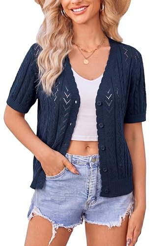 Newshows Cardigans Mujer Manga Corta Verano Ligero Chaqueta de Punto Crochet Cuello V Bolero Shrugs Top para Vestido