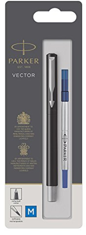 Parker Vector Tintenroller | Schwarz | Mittlere Spitze | Blaue Tinte | Blister-Verpackung