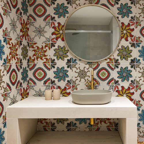 RE-COVERTILES - 32 Pcs Carrelage Autocollant 15x15 cm PS00003 Mosaïque de Azulejos Autocollant Mural Décorative à Carreaux de Ciment pour Salle de Bains et Cuisine Stickers Peel and Stick