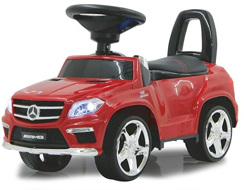 JAMARA 460239 - Rutscher Mercedes GL63AMG rot – Kippschutz, Kunstledersitz mit roten Ziernähten, Kofferraum unter der Sitzfläche, Rückenlehne, Scheinwerfer vorne/hinten, Motorsound, Hupe, Musik