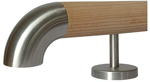 TIBU Corrimano in legno di larice non trattato, 30-500 cm, dritto, in acciaio inox, per scale, lunghezza 1400 mm, con 3 supporti e estremità in acciaio inox