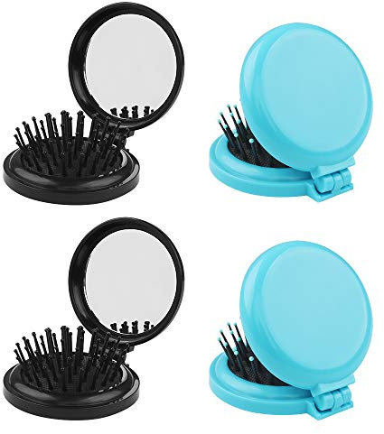 Dadabig 4 Pezzi Pettine Pieghevole con Specchio - Spazzola per Capelli da Viaggio 2 in 1 Rotonda Portatile - 2 Colori (Nero e Blu)