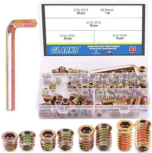 Glarks - Juego de 90 tuercas roscadas de acero al carbono chapado en zinc, tuercas hexagonales de acero al carbono con brida de rosca con llave hexagonal para muebles de madera