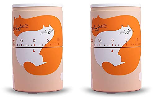 2pcs Cat Shape Mechanical Kitchen Timer Creative Cylindrical Countdown Timer Clock with Loud Alarm Visual Wind Up Egg Timer for Cooking, Learning, Playing