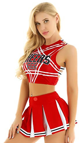 iiniim Damen Cheer Leader Kostüm Cheerleading Uniform Crop Tops mit Faltenrock Schulmädchen Kostüm Cosplay Halloween Fasching Karneval Kostüm S-XXL Rot XXL