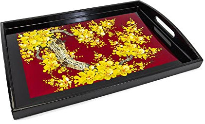 Art Saigon Plateau en Bois Laqué Rouge et Noir “Fleurs de Cerisier”, Fait Main, L39 x 28cm - Plateau de Service avec Poignée - Artisanat du Vietnam et Déco Asiatique (S39-4952-39)